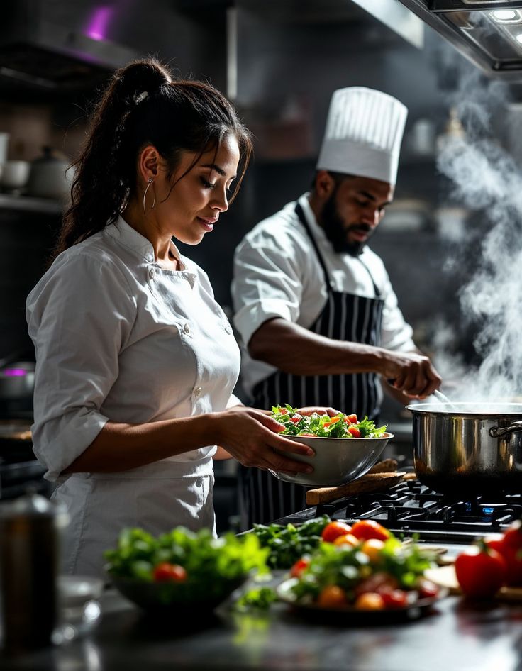 Chef training teammate on food truck line