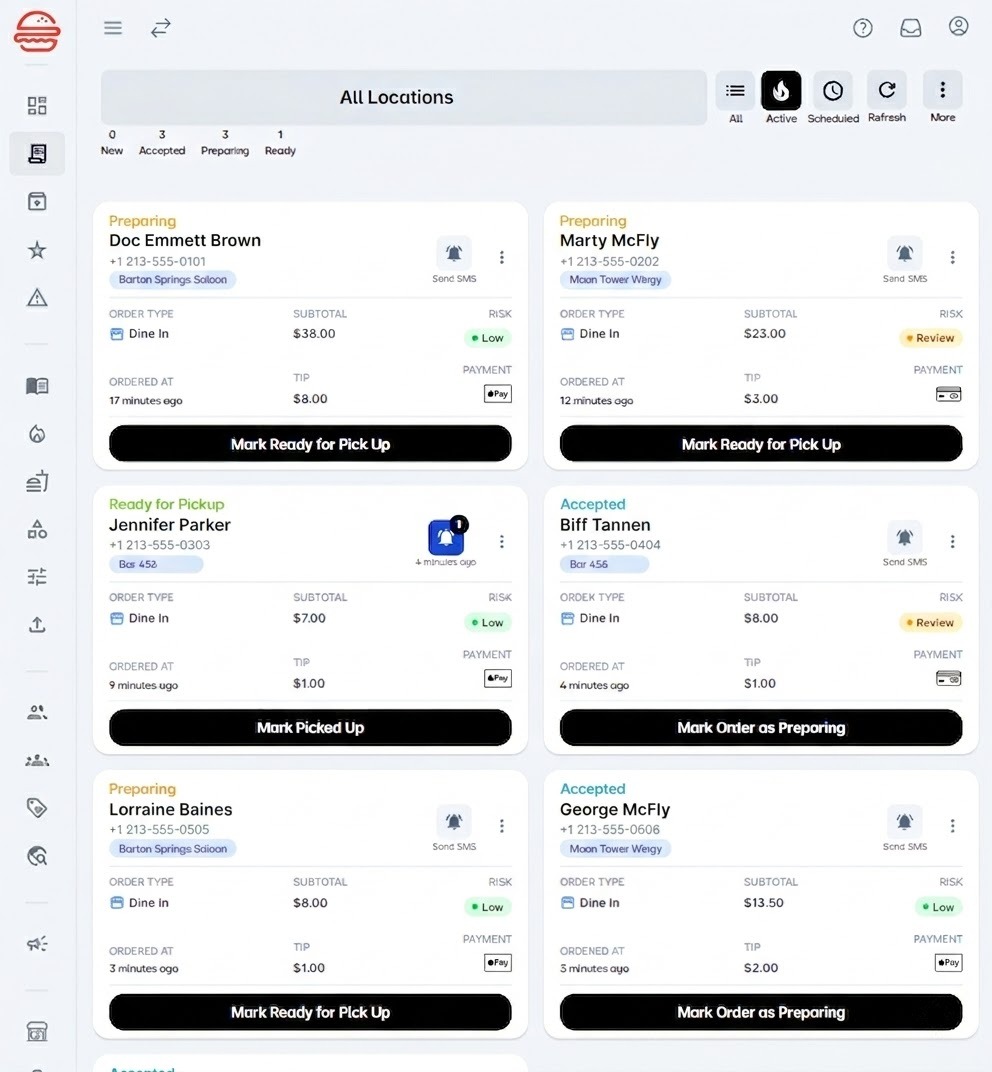 Outbites direct online ordering dashboard: active food truck orders, queue, and order details on screen