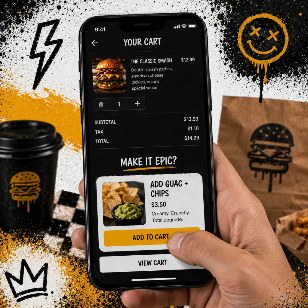 Hand holding a phone showing a cart screen with a Make It Epic upsell prompt offering guac and chips for three fifty with an Add to Cart button and thumb hovering to tap