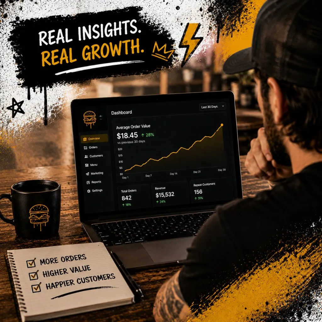 Restaurant owner viewing a laptop dashboard showing average order value at eighteen forty-five up twenty-eight percent with a thirty-day trend line and metrics for total orders revenue and repeat customers