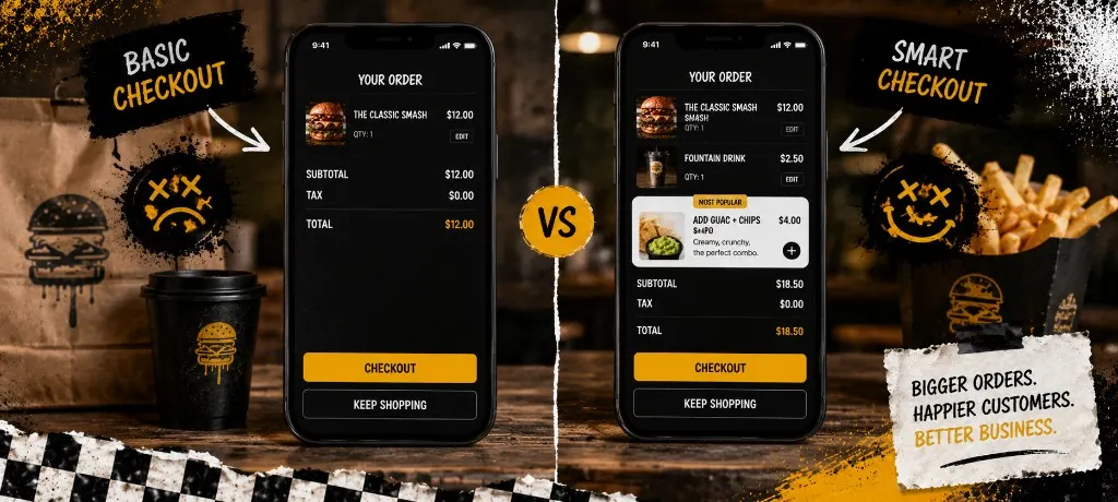 Food truck operator handing a branded bag to a customer while the customer holds a phone showing a Want to Add a Drink upsell prompt with options and an Add a Drink button