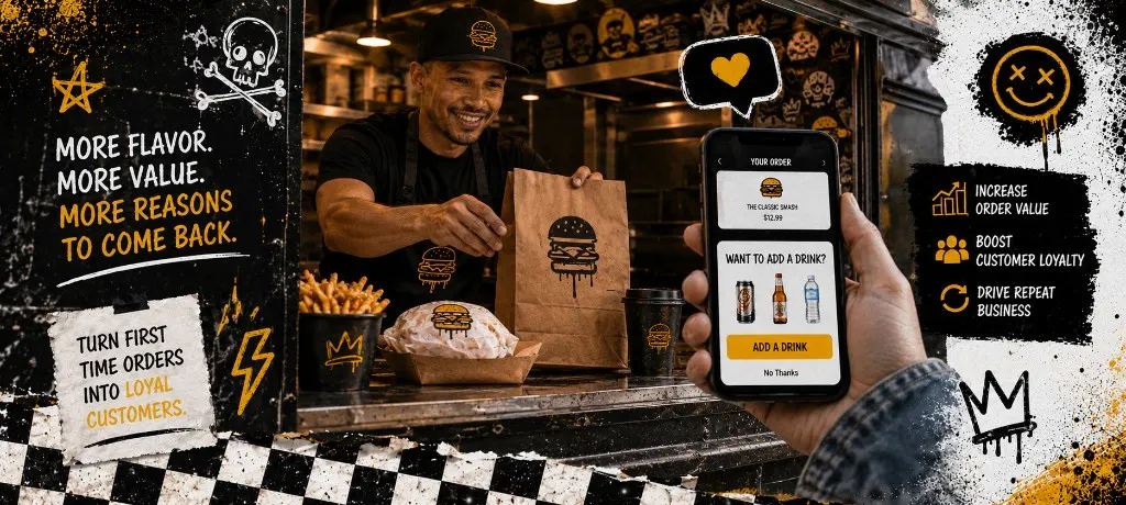 Split-screen comparison of a basic checkout showing one item at twelve dollars versus a smart checkout with upsell prompt showing guac and chips add-on and fountain drink bringing the total to eighteen fifty