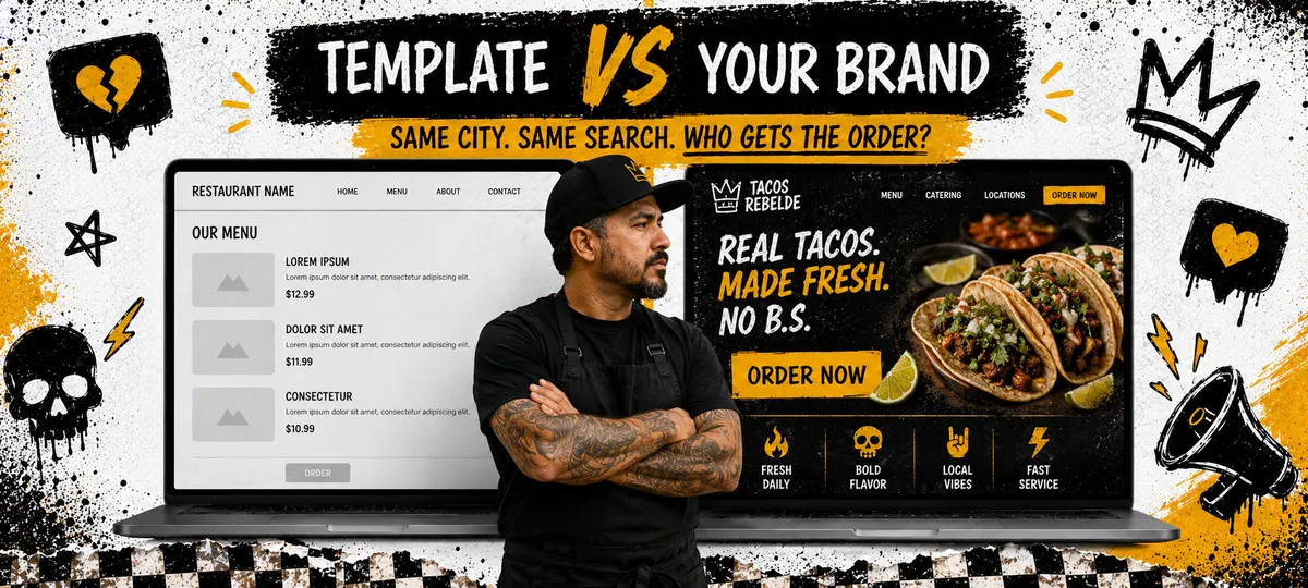 Split-screen showing a generic template website on the left with placeholder text versus a branded Tacos Rebelde custom restaurant website on the right with real food photography and a prominent order button