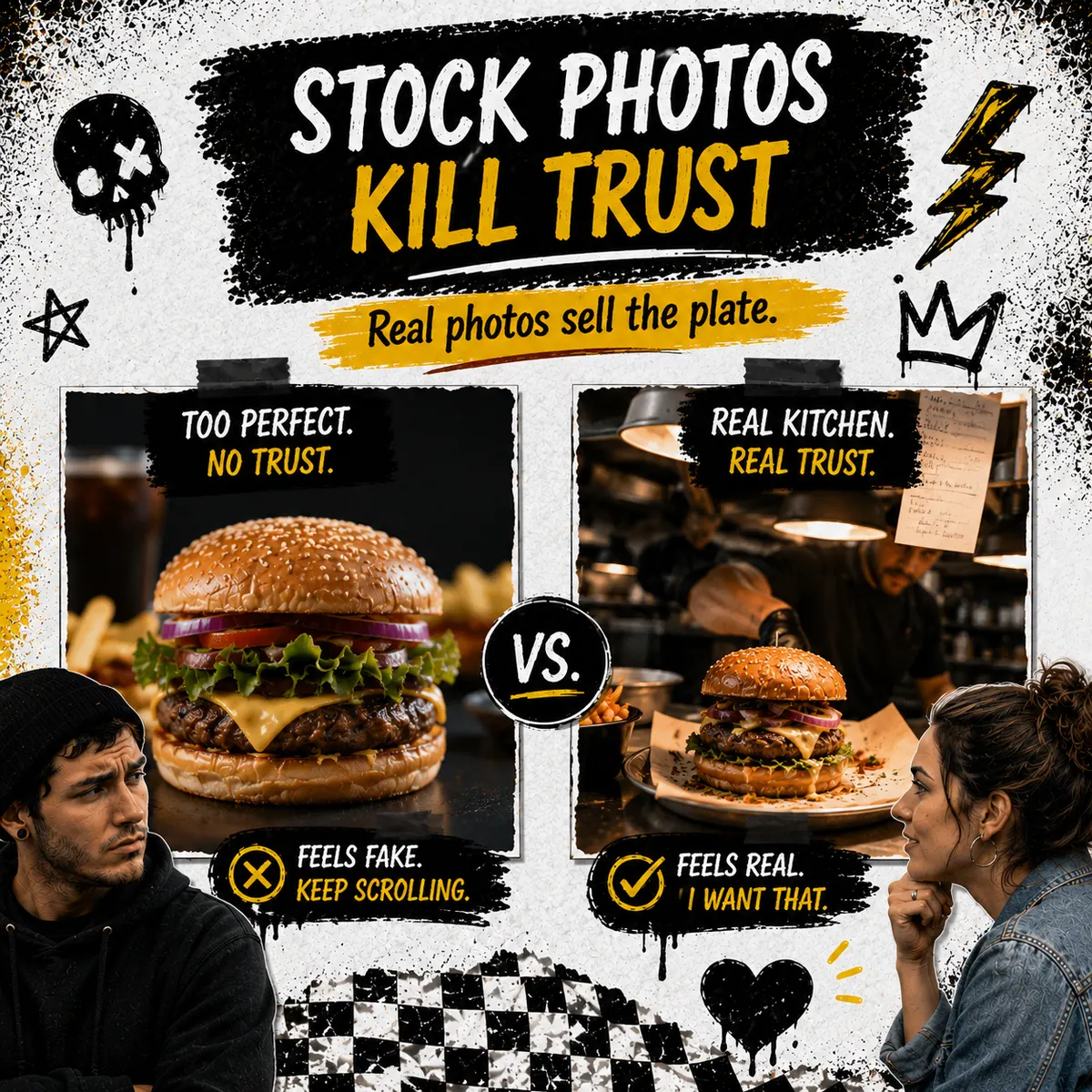 Side-by-side comparison of a perfect stock burger photo labeled feels fake versus an authentic kitchen burger photo labeled feels real with skeptical and interested guests