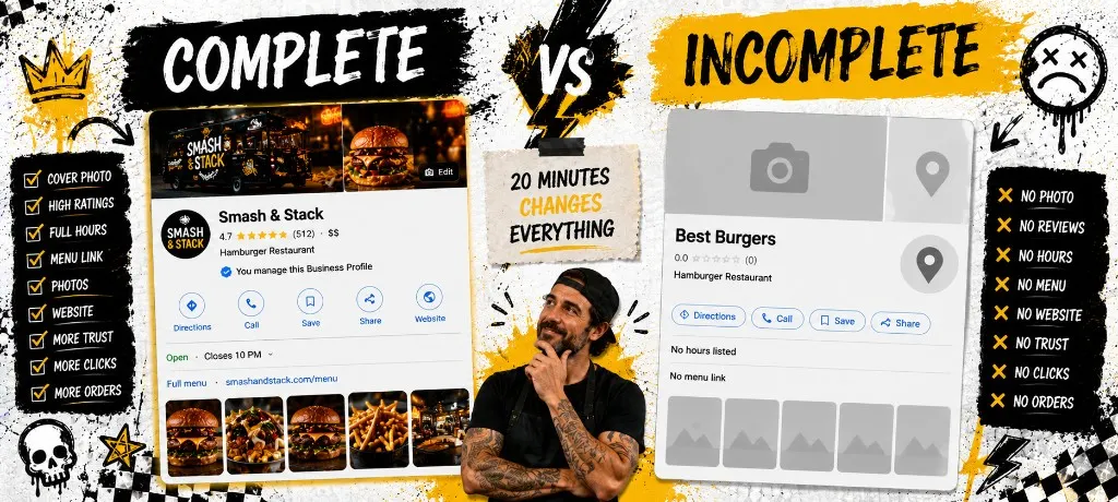 Side by side comparison of a complete Google Business Profile with photos, reviews, hours, and menu link versus an incomplete profile with a grey placeholder image, no hours, and zero reviews