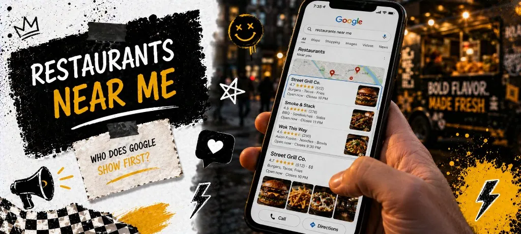 Phone screen showing a Google search for restaurants near me with a Google Business Profile knowledge panel showing hours, photos, reviews, and a directions button for a local restaurant