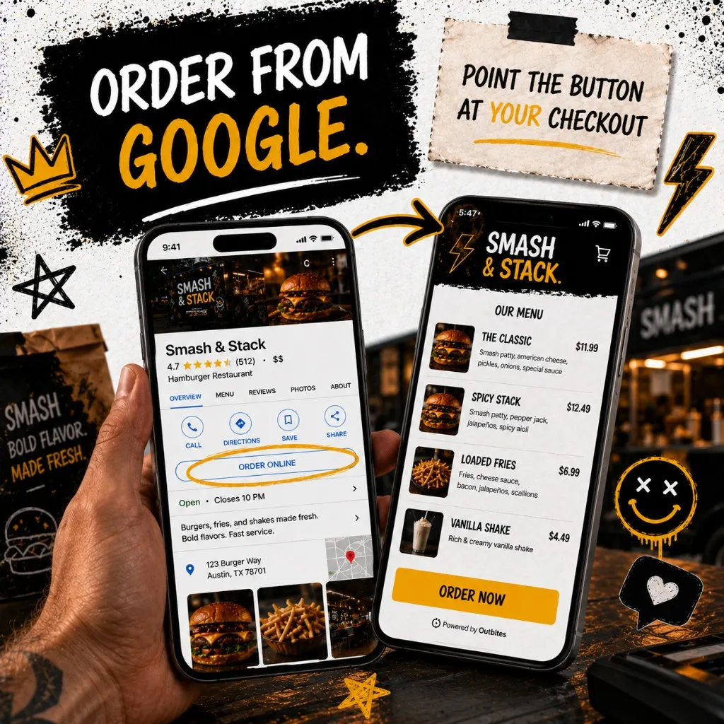 Close-up of a Google Business Profile listing showing the Order Online button highlighted with an arrow pointing to a branded Outbites ordering page that opens when clicked