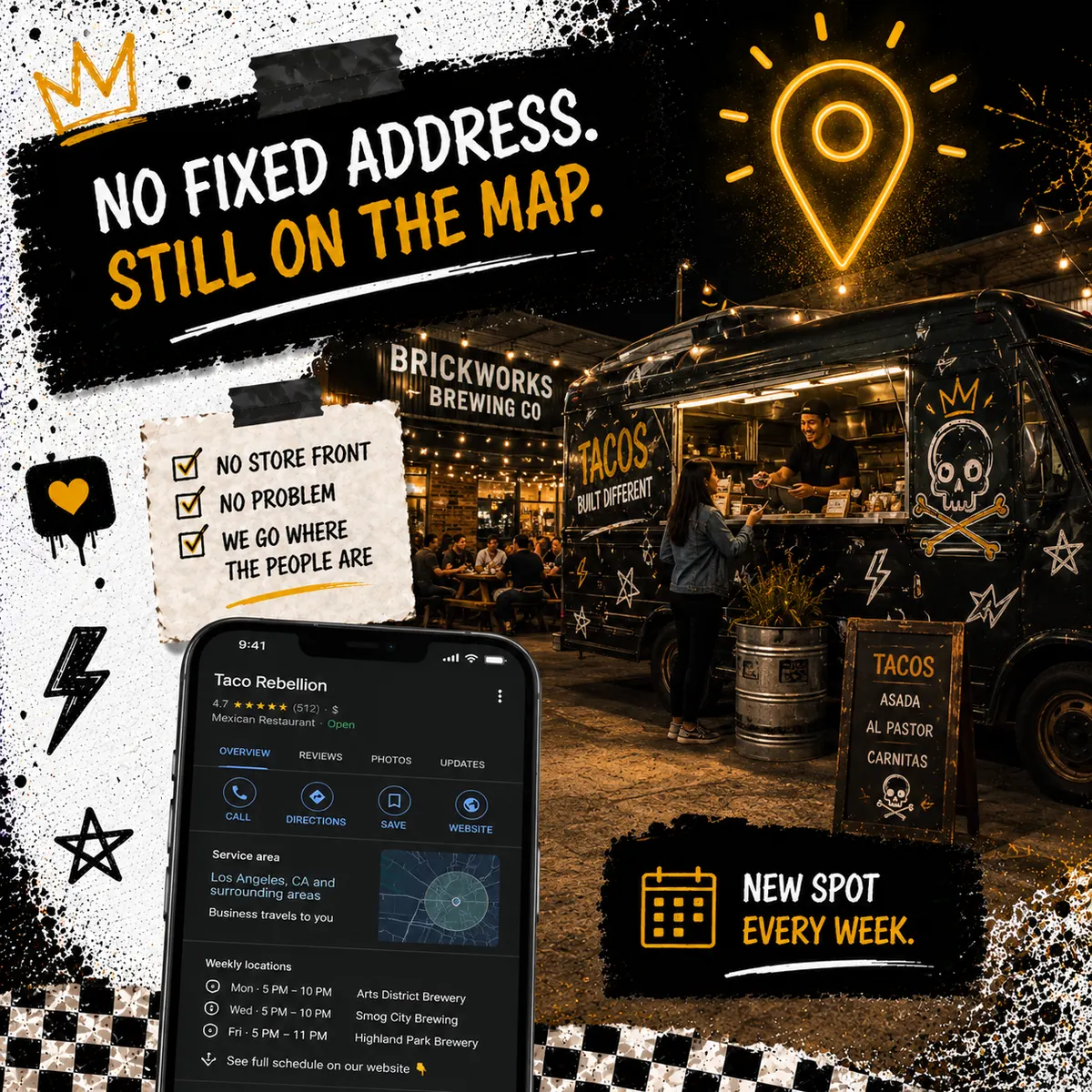 Food truck parked at a lot with a stylized Google map pin icon glowing above it conveying the idea of being findable on maps