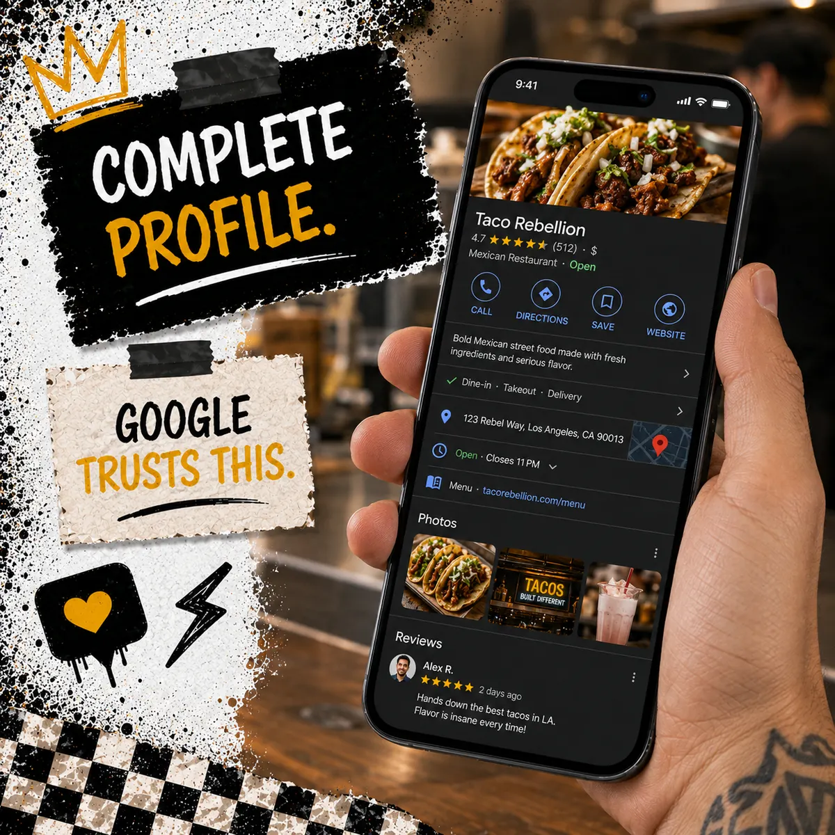 Phone screen showing a fully filled out Google Business Profile with photos hours menu link and four point seven star rating