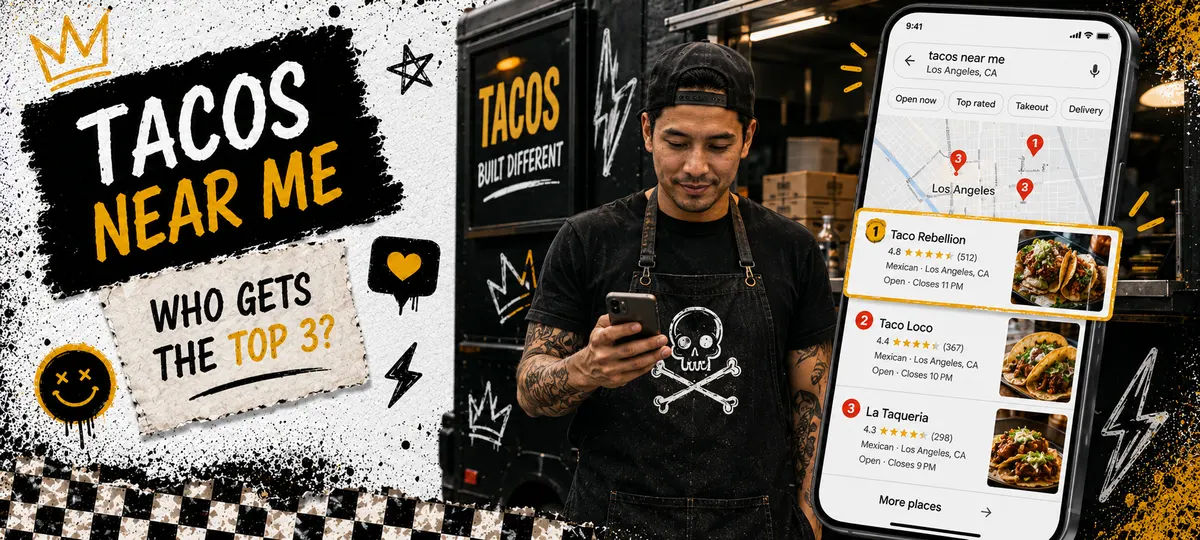Restaurant owner standing outside their business holding a phone that shows a Google Maps three-pack search result with their restaurant highlighted at position one