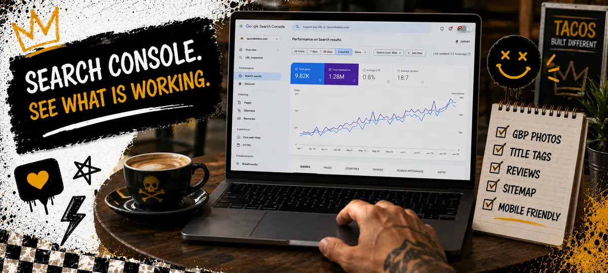 Laptop on a cafe table showing Google Search Console performance graph with impressions trending up next to a notepad with a handwritten SEO checklist with some items checked off