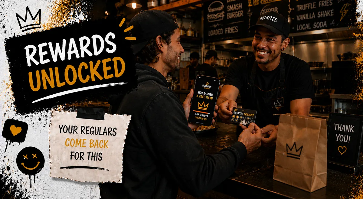 Restaurant owner behind a counter handing a branded loyalty card to a smiling regular customer with a phone showing a rewards notification