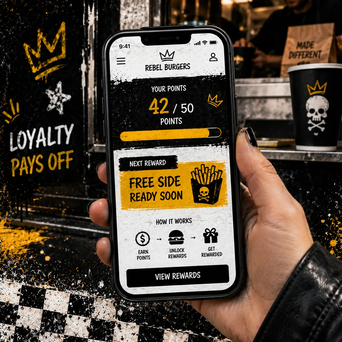 Close-up of a phone screen showing a restaurant loyalty rewards dashboard with progress bar and available reward ready to redeem