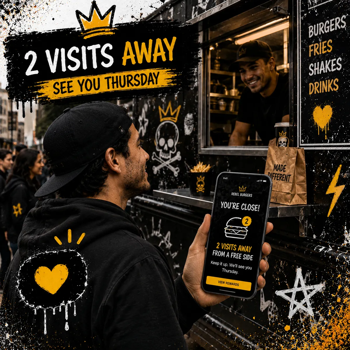 Food truck regular approaching the window with a phone showing a loyalty notification saying two visits away from a free item
