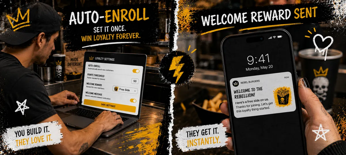Split screen showing a restaurant owner configuring loyalty settings on a laptop and a customer receiving a welcome reward notification on their phone