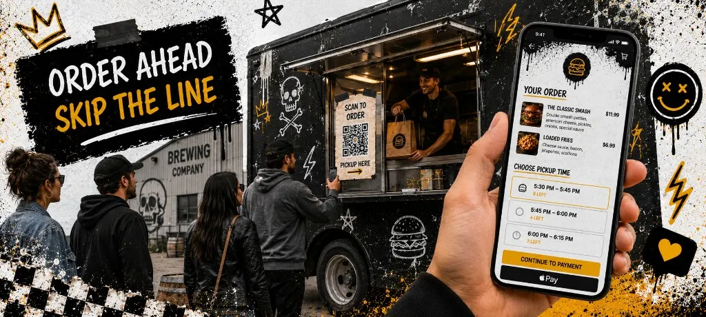 Food truck at a brewery lot with a customer scanning a QR code at the service window while a line forms behind them and a phone shows a branded ordering page with pickup time selector