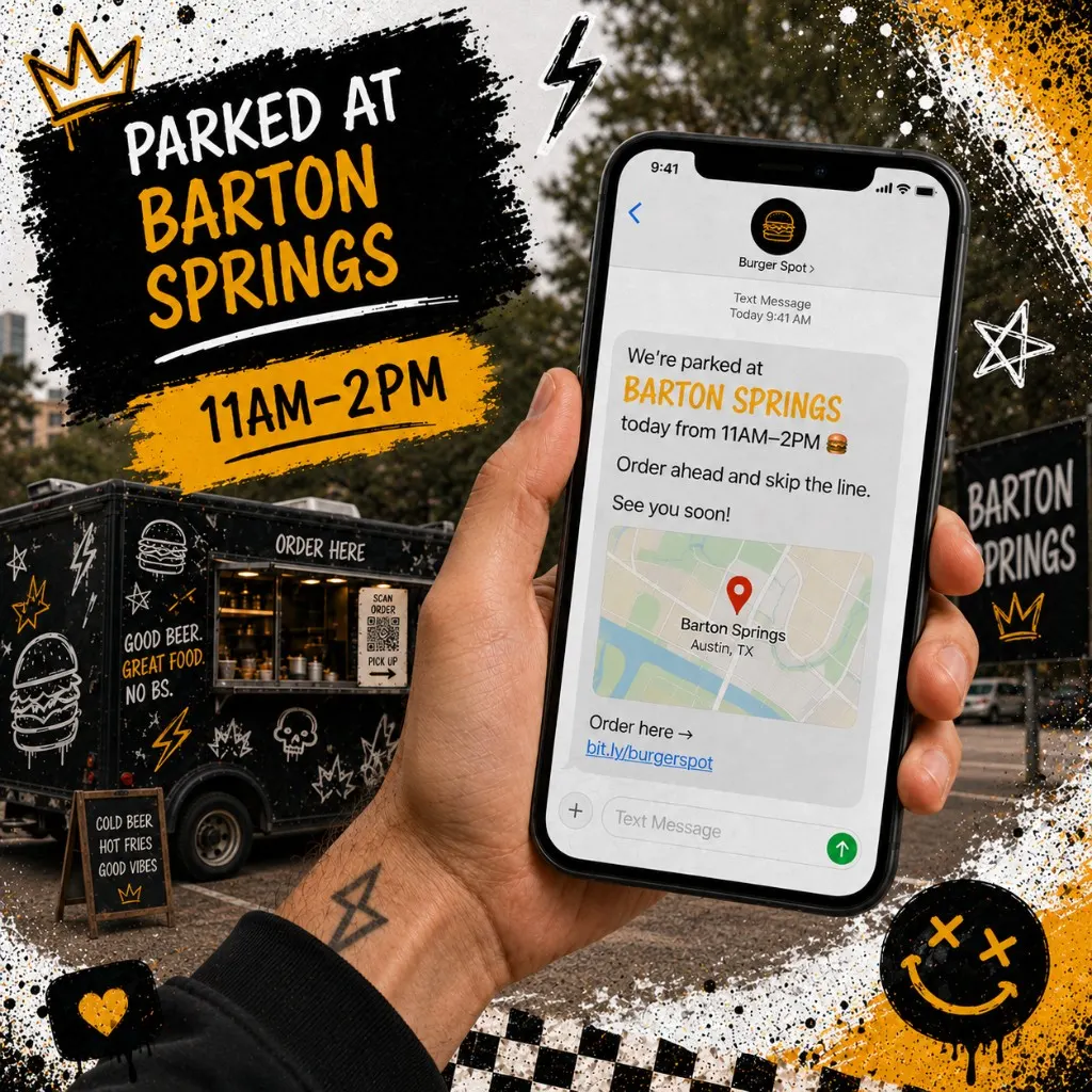 Phone screen showing an SMS location announcement with map pin and order link with a food truck visible in the background at the named lot