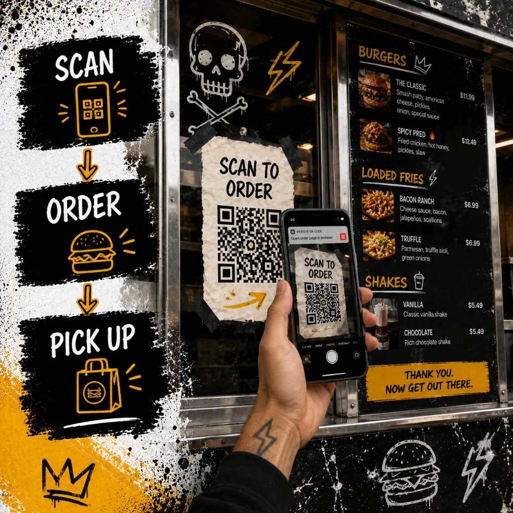 Close-up of a QR code sticker on a food truck service window with a phone mid-scan and the truck menu board visible in the background
