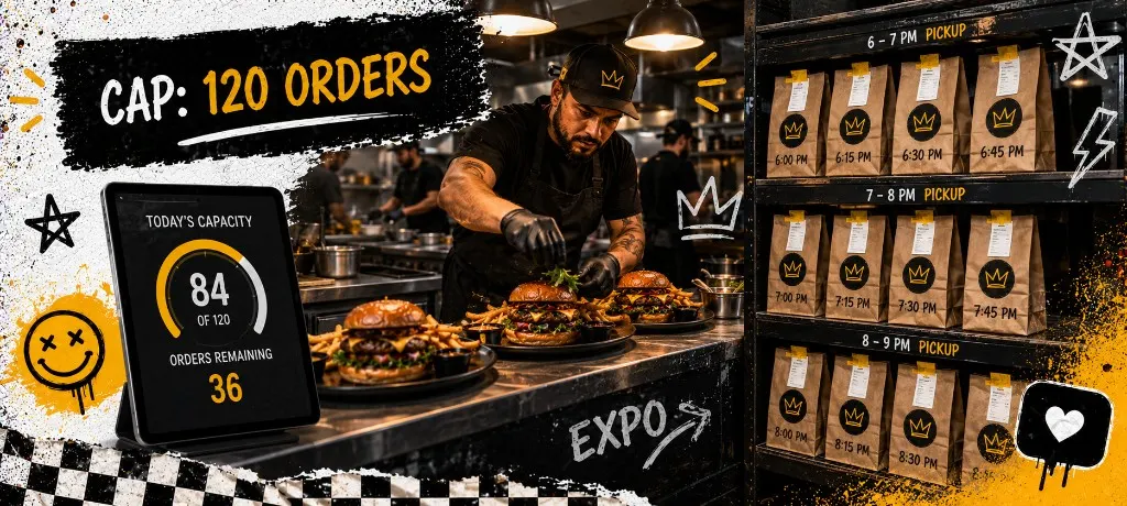 Chef plating dishes on an expo line with labeled pickup bags stacked by time slot and a tablet showing remaining capacity at 120 orders