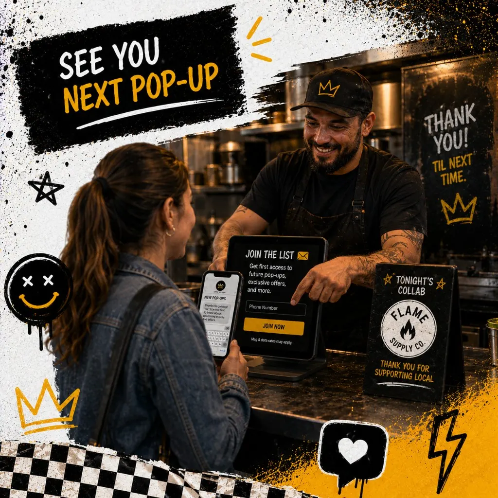 Pop-up owner collecting phone numbers at a checkout tablet while a guest opts into SMS list with collab partner logo on a counter card