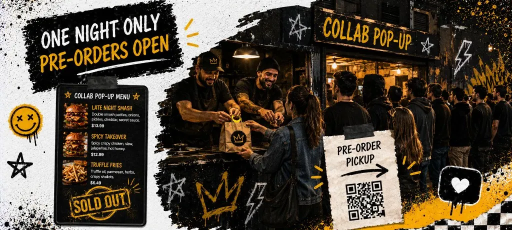 Two chefs at a collab pop-up counter with a line out the door, a pre-order pickup sign with QR code, and a sold-out badge on the menu board