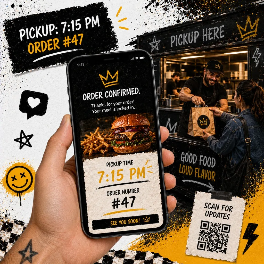 Phone screen showing a pop-up pre-order confirmation with pickup time 7:15 PM and order number 47 with a blurred pop-up kitchen in the background