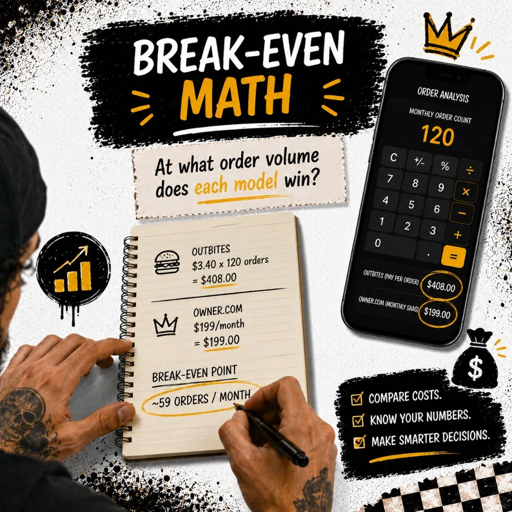 Restaurant owner writing break-even math on a notepad beside a phone showing monthly order count and two platform cost totals