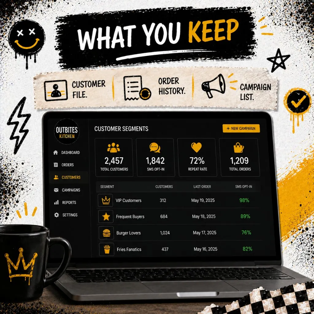 Outbites Kitchen dashboard on a laptop showing customer segments, SMS opt-in counts, and order history
