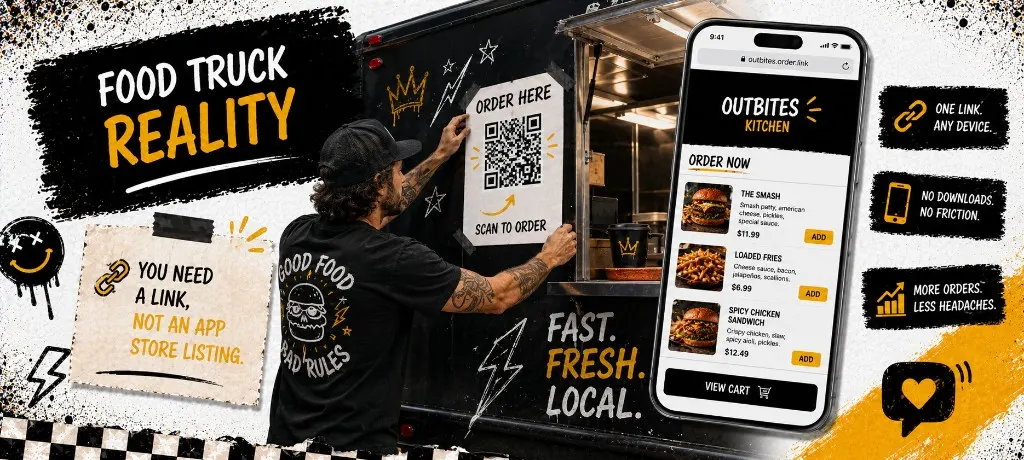 Food truck operator taping a QR code to the service window while a phone shows a branded ordering page loading in the browser