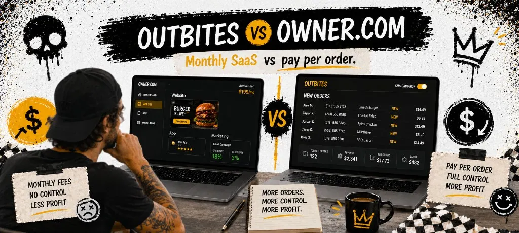 Restaurant owner comparing Outbites and Owner.com dashboards on a laptop with margin notes on a pad