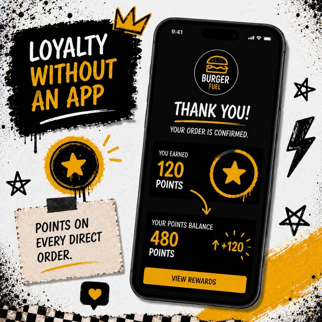 Phone checkout screen showing loyalty points balance updating after order confirmation with restaurant logo at top