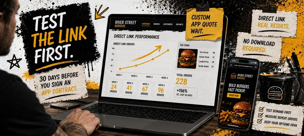 Restaurant owner reviewing analytics on a laptop showing direct link orders climbing over four weeks with a sticky note about waiting on an app quote