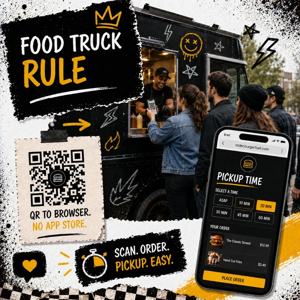 Customer scanning a QR code at a food truck service window while their phone browser opens an ordering page with pickup time selector