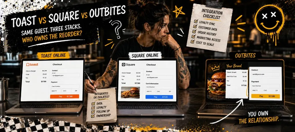 Independent restaurant owner comparing Toast Online, Square Online, and Outbites branded checkout on three laptops at the counter