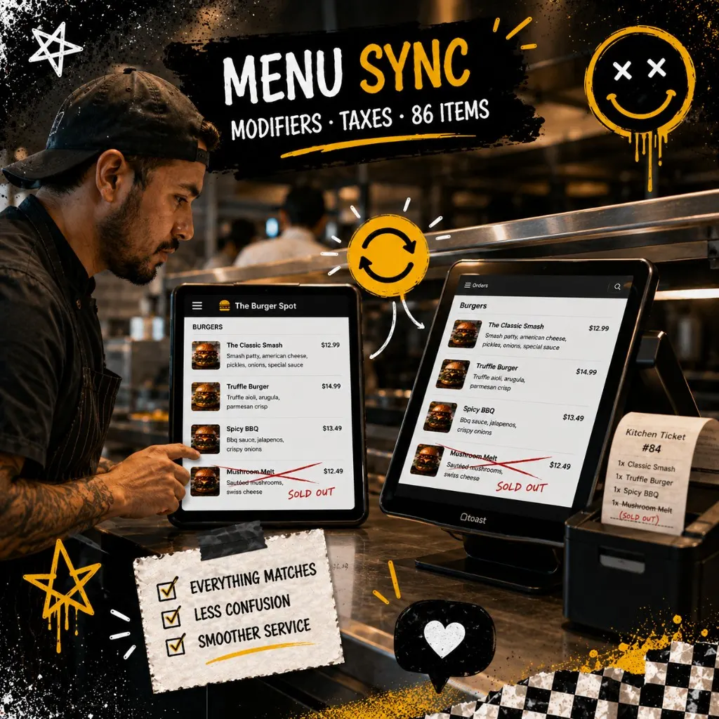 Kitchen pass with a tablet next to the POS showing the same menu item marked sold out on both screens before the dinner rush