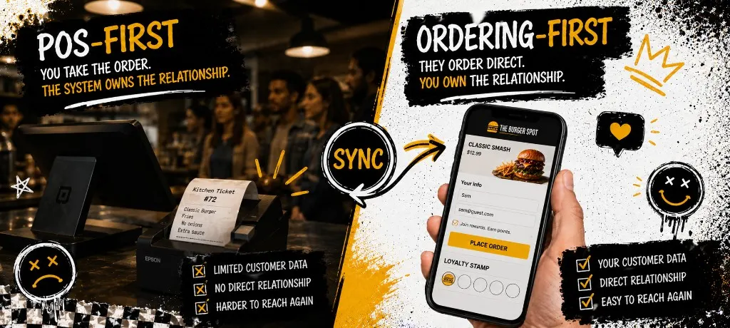 Split scene with an in-store POS terminal printing a kitchen ticket on the left and a smartphone direct ordering page with contact fields and loyalty on the right