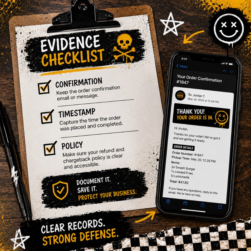 Printed chargeback evidence checklist on a clipboard with checked boxes beside a phone showing an order confirmation email with timestamp