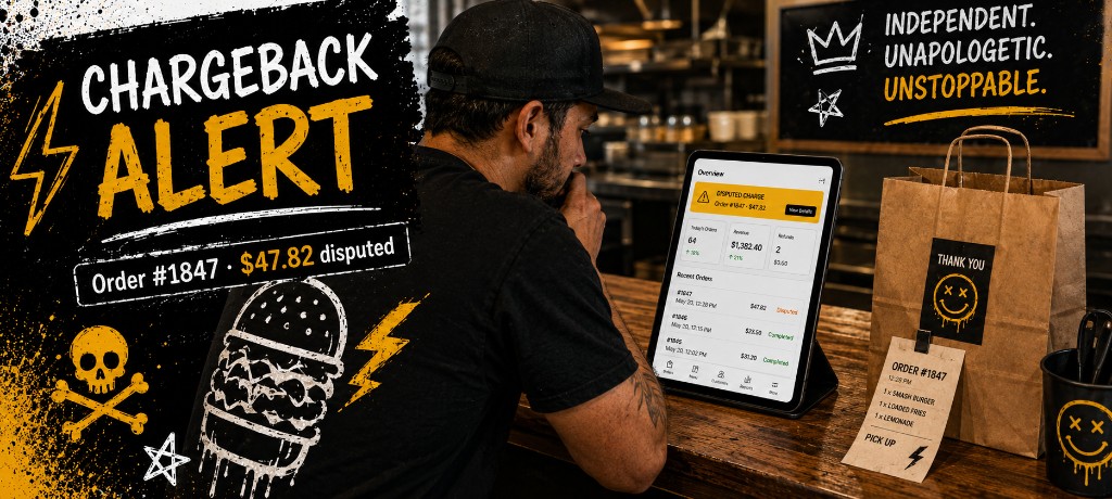 Independent restaurant owner behind the counter looking at a tablet showing a disputed charge notification with a bagged to-go order and kitchen ticket on the counter