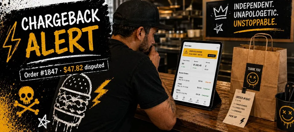 Independent restaurant owner behind the counter looking at a tablet showing a disputed charge notification with a bagged to-go order and kitchen ticket on the counter