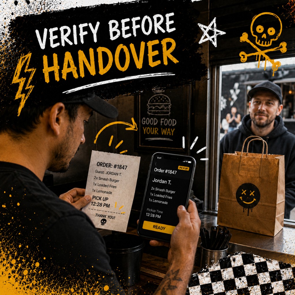 Counter worker comparing a printed order ticket to a phone screen showing matching order number and guest name at a pickup window