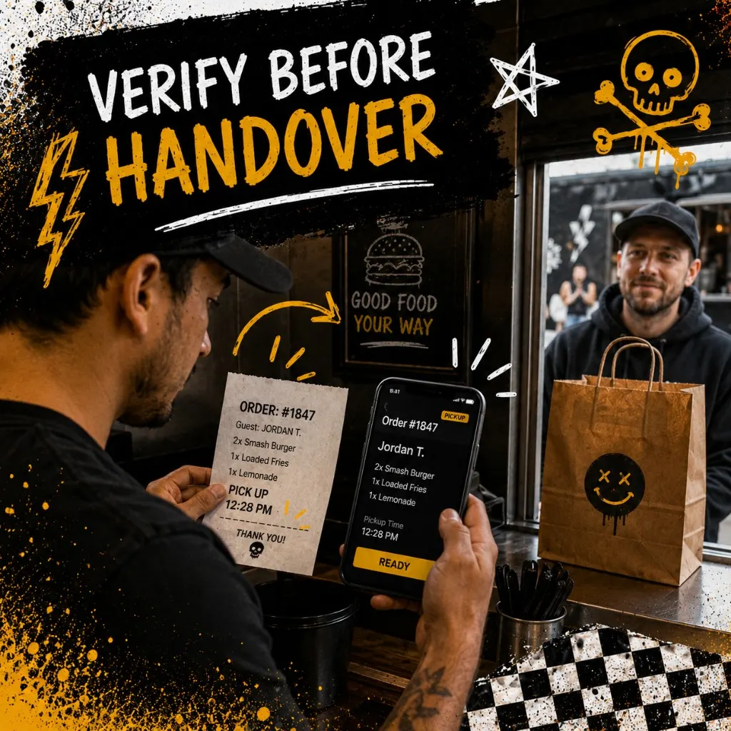 Counter worker comparing a printed order ticket to a phone screen showing matching order number and guest name at a pickup window