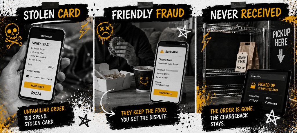 Three-panel illustration showing stolen card fraud, friendly fraud with guest eating takeout while filing a dispute, and a never-received claim with empty pickup shelf and picked-up timestamp