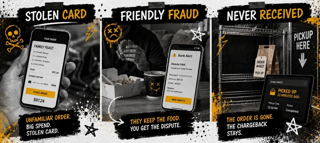 Three-panel illustration showing stolen card fraud, friendly fraud with guest eating takeout while filing a dispute, and a never-received claim with empty pickup shelf and picked-up timestamp
