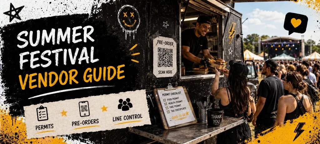Food truck at an outdoor summer festival with permit paperwork on the counter, a QR pre-order sign on the service window, and guests queued at the truck