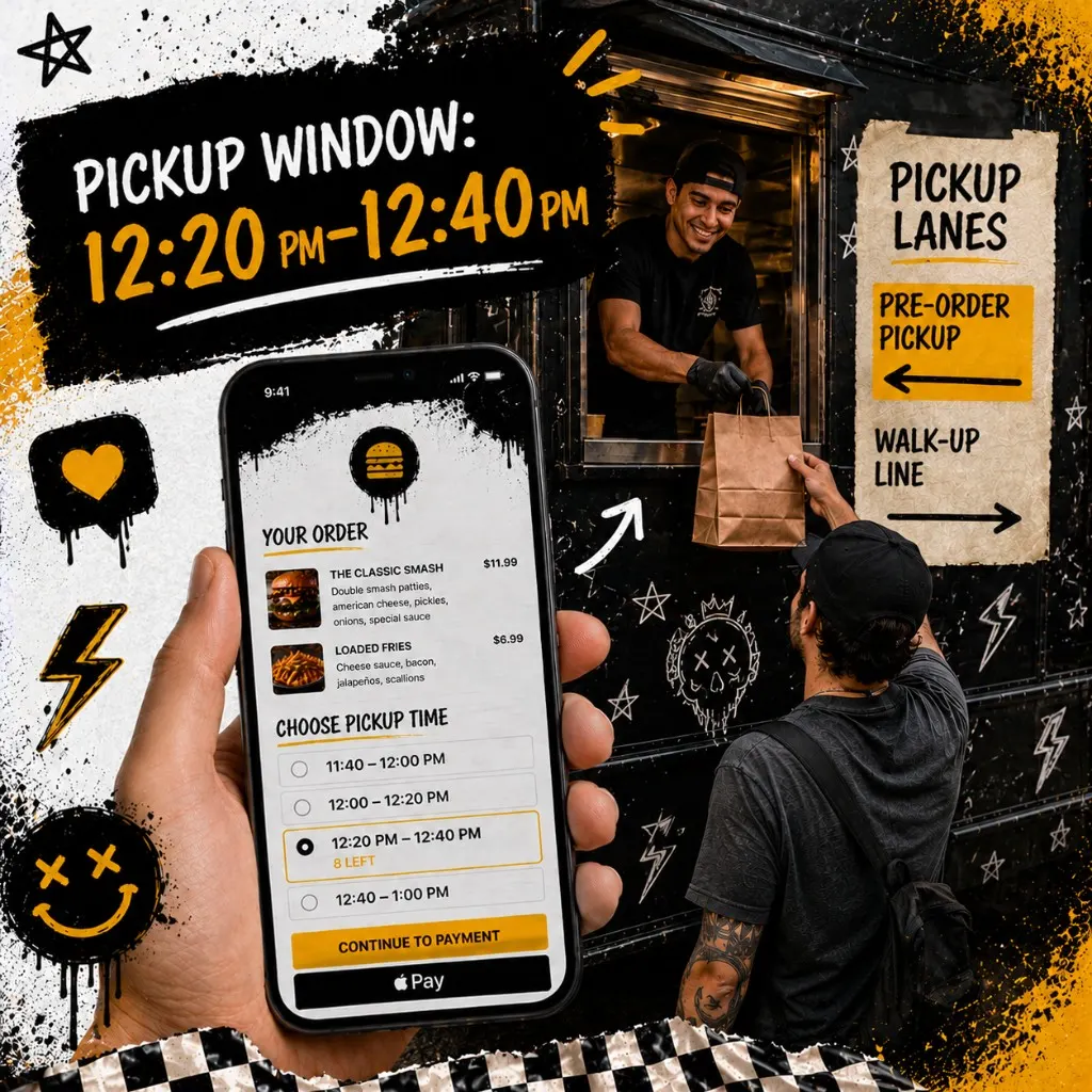 Guest at a festival food truck holding a phone showing pre-order checkout with a pickup time selector and separate signs marking pre-order pickup lane versus walk-up line