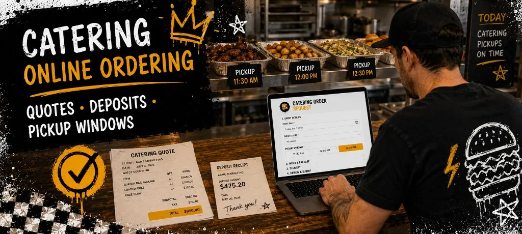Restaurant owner at a counter with a laptop showing a catering order form, printed quote sheet and deposit receipt on the counter, and catering trays staged with pickup time labels