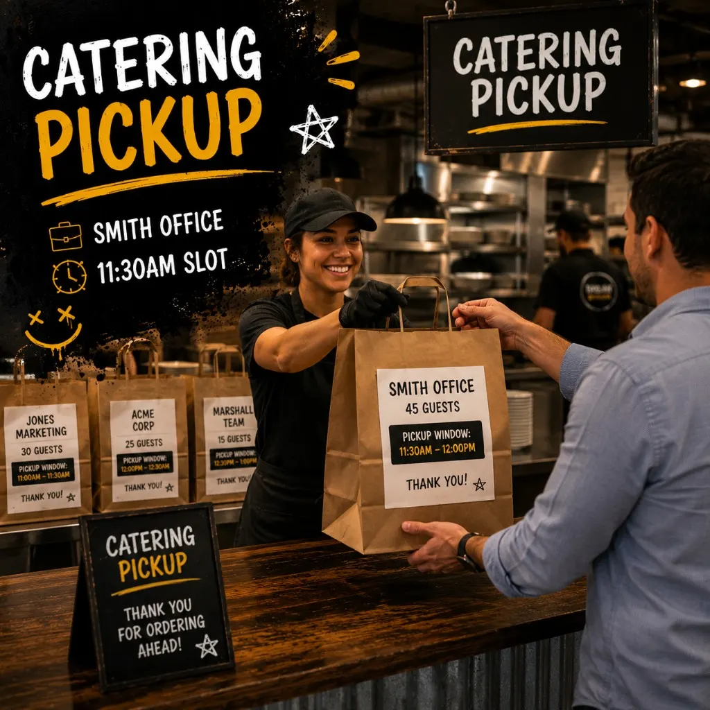 Restaurant expo line with catering bags labeled by company name, guest count, and pickup window, crew handing a labeled bag to a guest