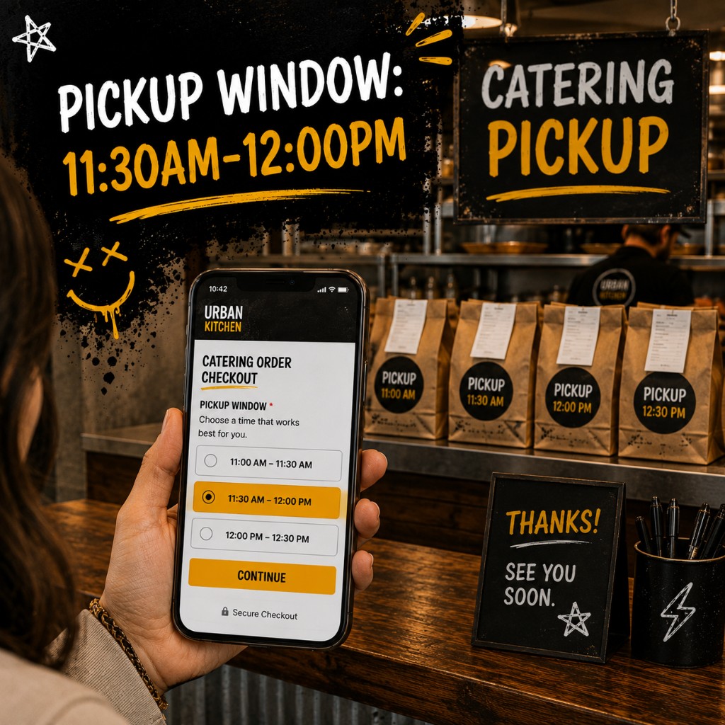 Office worker holding a phone showing catering checkout with a pickup time selector and a Catering Pickup sign at the restaurant counter