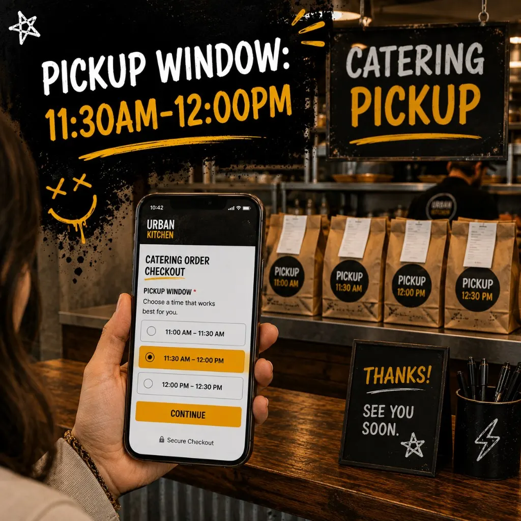 Office worker holding a phone showing catering checkout with a pickup time selector and a Catering Pickup sign at the restaurant counter