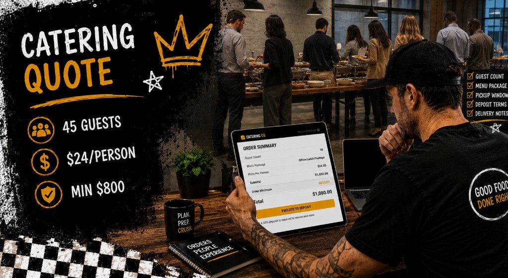 Restaurant manager reviewing a catering checkout screen on a tablet showing guest count, per-person package price, and order minimum